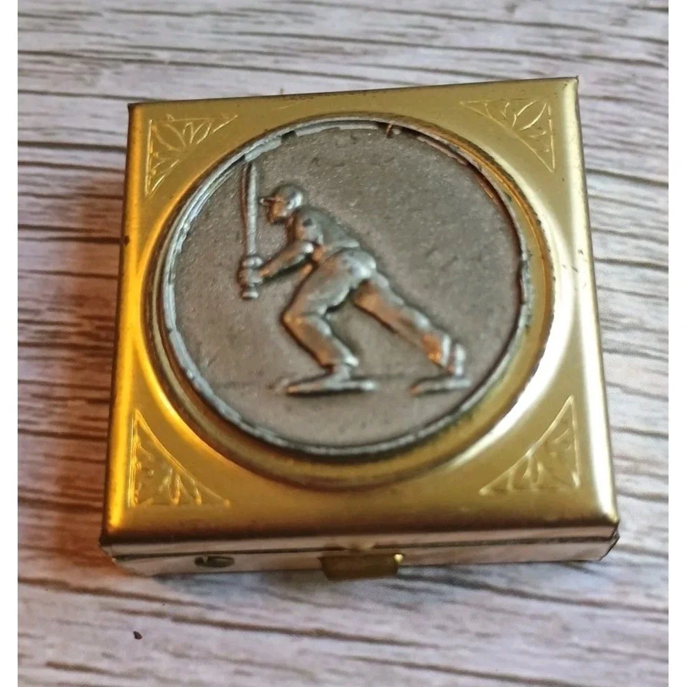 Vintage‎ Portrait Baseball Player Batting 1.5 x 1.5 Clasp Trinket Pill Box Case